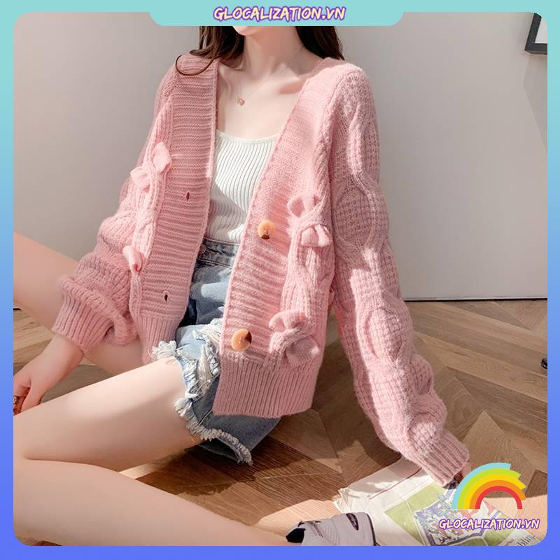 Áo khoác cardigan dệt kim màu hồng của phụ nữ lười biếng áo len xoắn