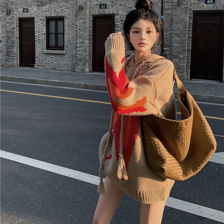 Áo Sweater Dệt Kim Có Mũ Trùm Dáng Rộng Mềm Mại Phối Màu Tương Phản Thời Trang Thu Đông 2022 Cho Nữ
