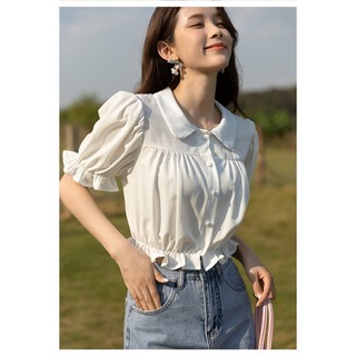 Áo sơ mi dáng ngắn viền bèo cổ sen a057 áo croptop sơmi trắng nữ cộc tay tiểu thư