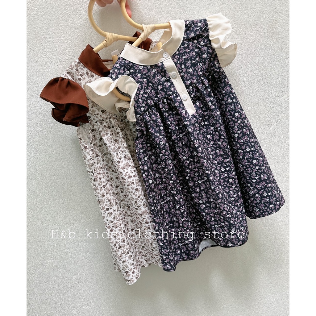 Đầm bé gái, Váy hoa nhí lụa mềm tay bèo phối cổ viền cực xinh cho bé gái 8-20kg
