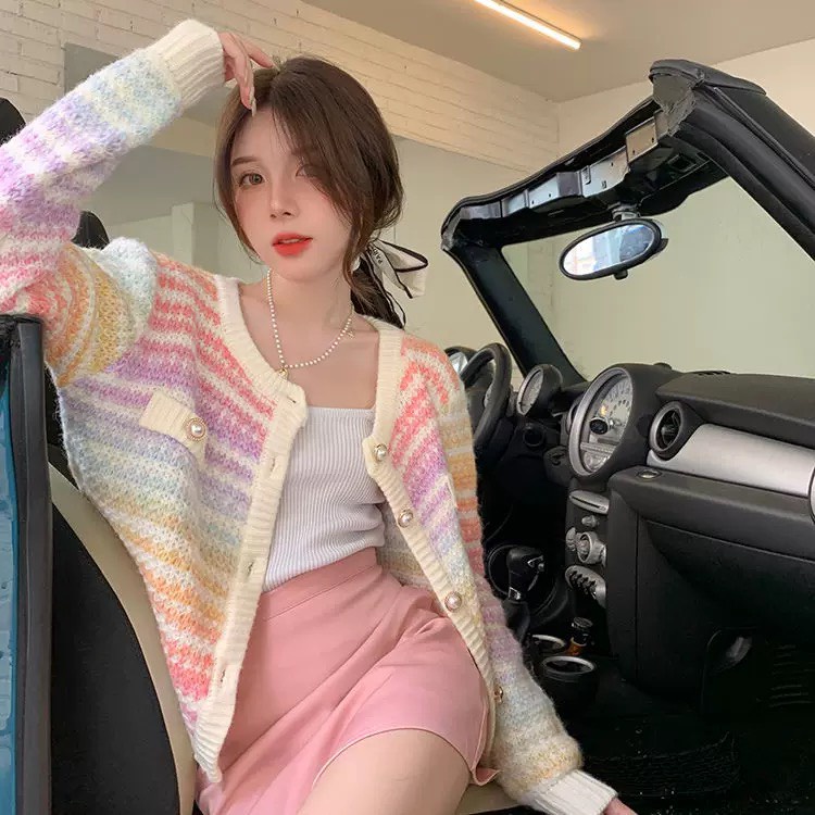 Áo Khoác Len Cầu Vồng Nút Ngọc LSEOUL K0339 Chất Dày Dặn Ngọt Ngào Nữ Tính