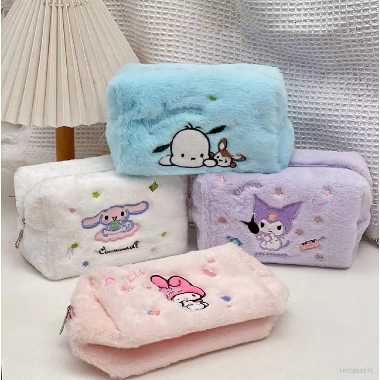 SANRIO Túi Đựng Bút Chì / Mỹ Phẩm Có Khóa Kéo Phối Lông Hình Cinnamon Kuromi Melody Cỡ Lớn Tiện Dụng Cho Học Sinh