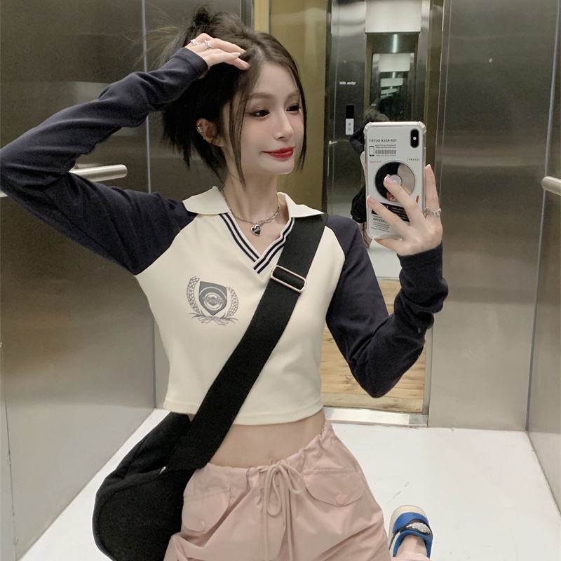 Áo thun croptop SUXI tay dài cổ chữ V dáng ôm thời trang mùa xuân cho nữ