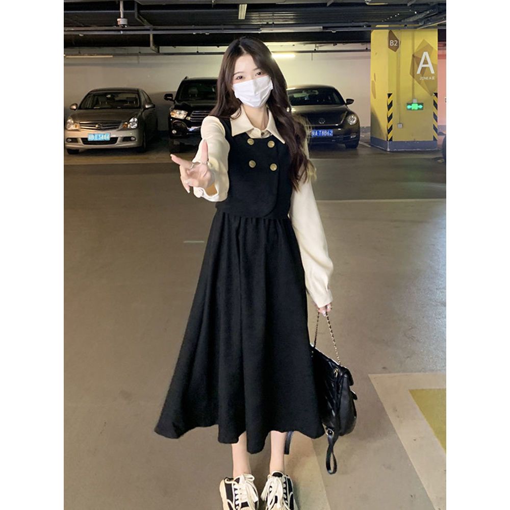🎀váy babydoll dáng dài váy mùa đông cho nữ váy dài Đầm Dài Tay Giả Hai Lớp Phong Cách Hàn Quốc Thanh Lịch Dành Cho Nữ