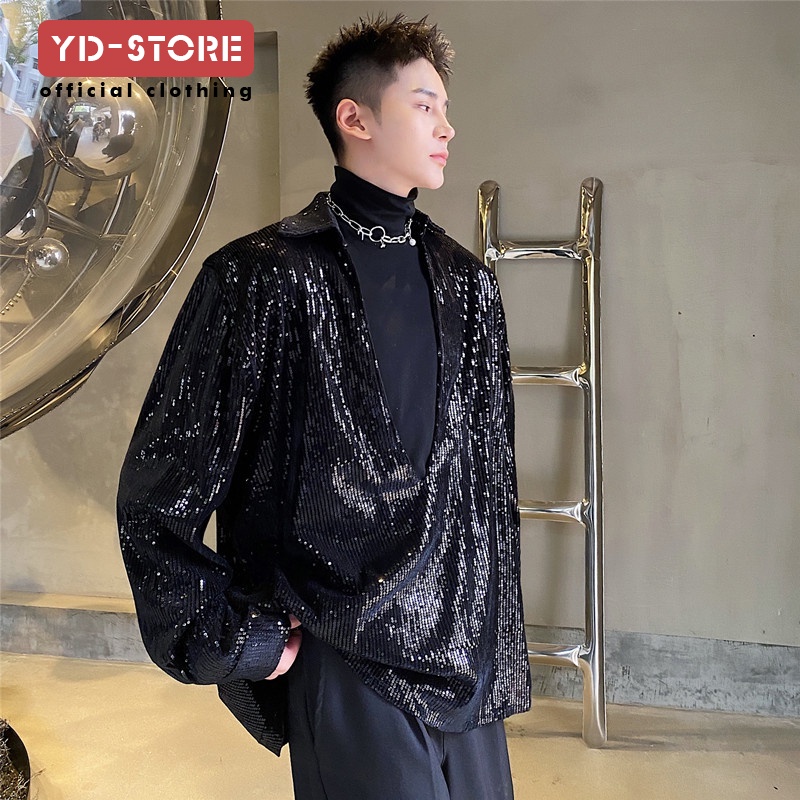Áo Sơ Mi Nam Cổ Chữ V Đính Kim Sa Thời Trang