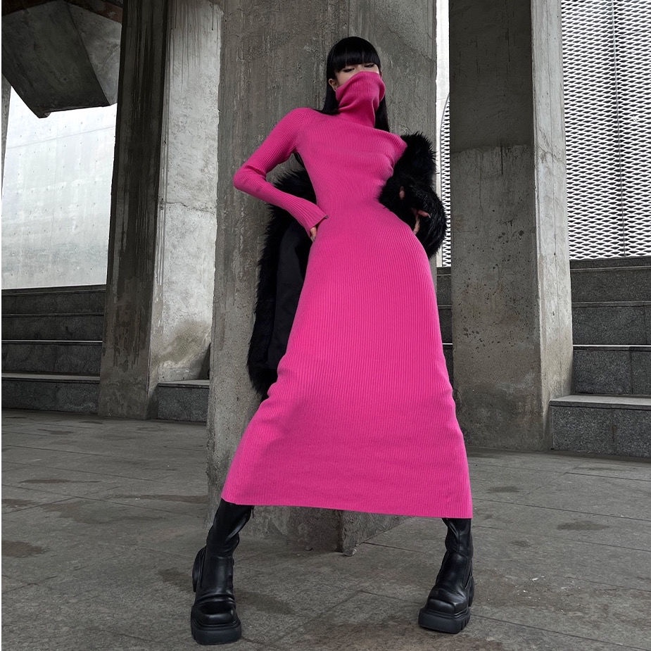 Bán Chạy! Giảm Giá Nóng!F &amp; X Đầm Dệt Kim Dáng Dài Qua Gối Cổ Cao Xẻ Tà Màu Hồng Thiết Kế Niche Kiểu Mới Dễ Phối Đồ Uni