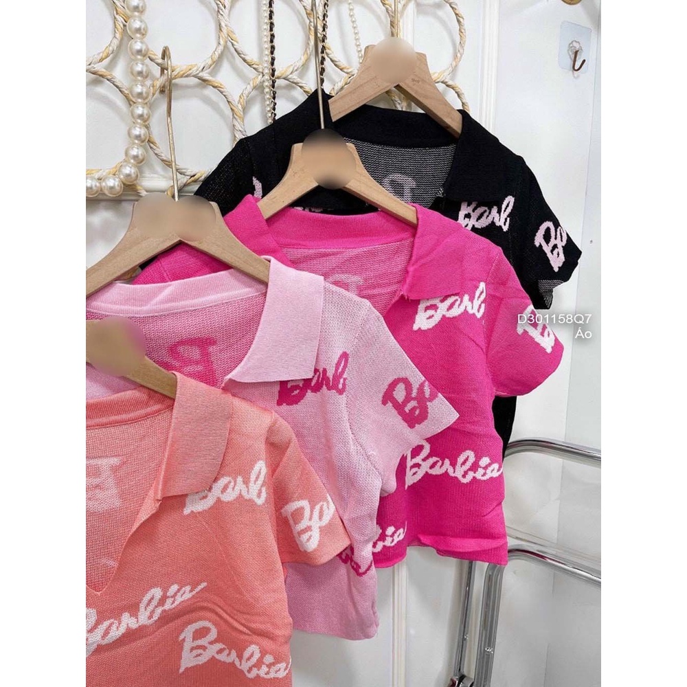 Áo len croptop họa tiết chữ barbie cổ bẻ tay con hàng QC