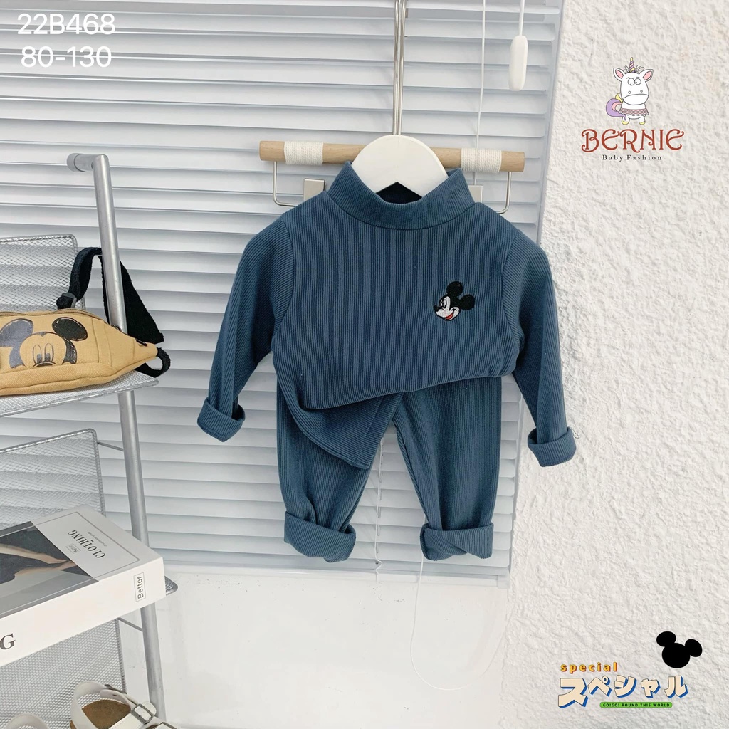 Bộ nhung tăm cổ 3P Mickey thêu nổi Bernie cho bé trai, bé gái