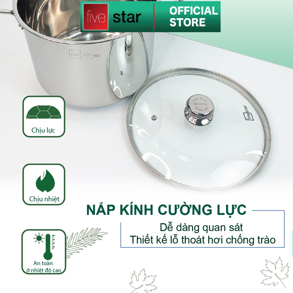 Nồi luộc gà 3 đáy inox 304 cao cấp Fivestar Plus nắp kính size 28cm | 30cm