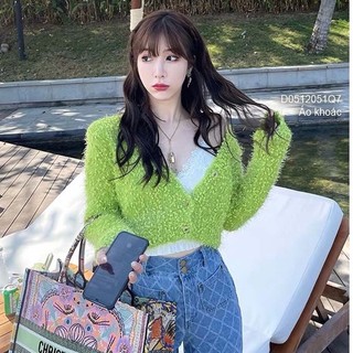 Áo khoác len lông dáng croptop gài nút cổ tim tay dài thời trang!