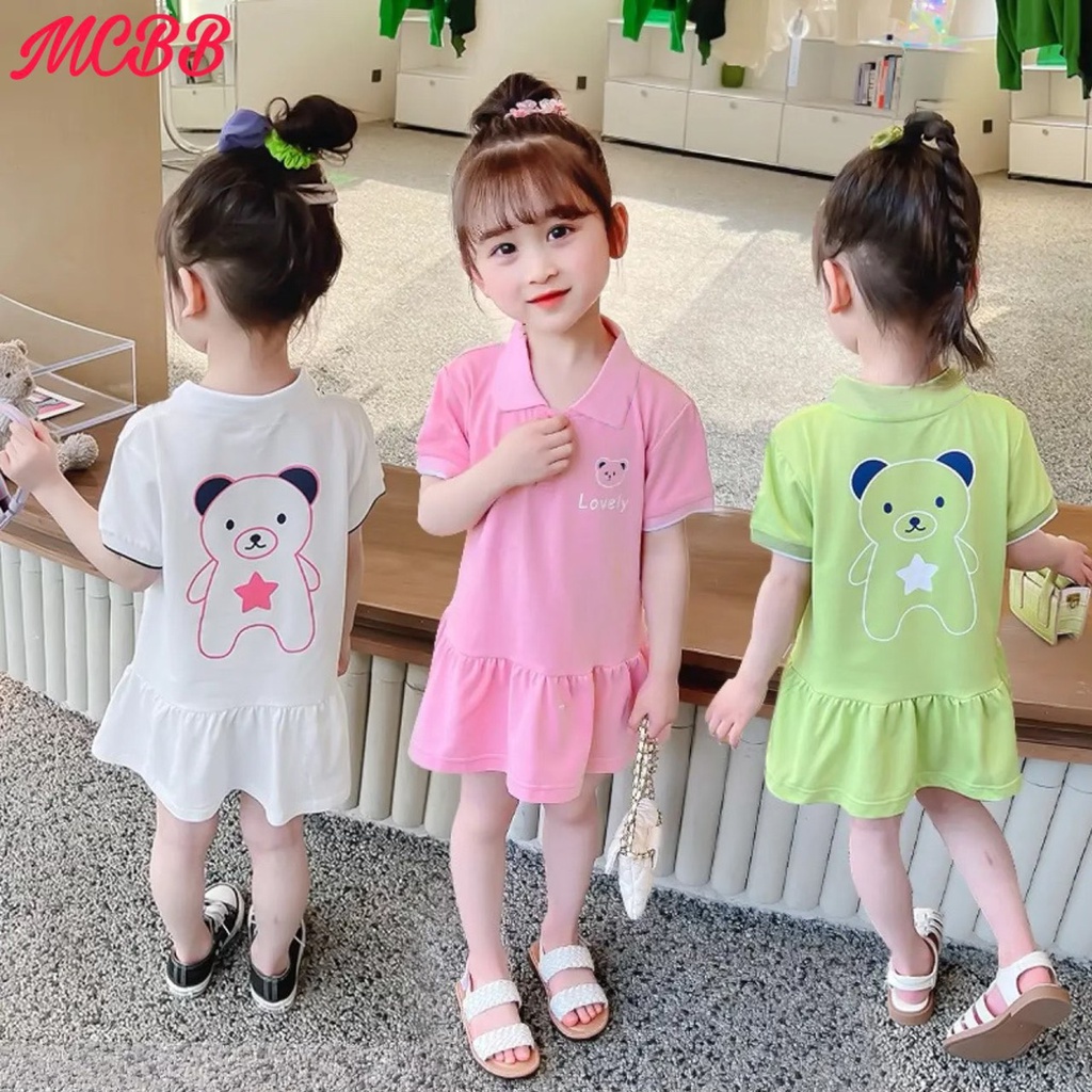 MCBB 24-45 Kg 100% Vải Cotton Váy Polo Bé Gái Ngắn Tay Đuôi Cá Đầm Công Chúa Bé Gái Tiểu Thư Trắng Xanh Váy Trẻ Em Nữ Bộ