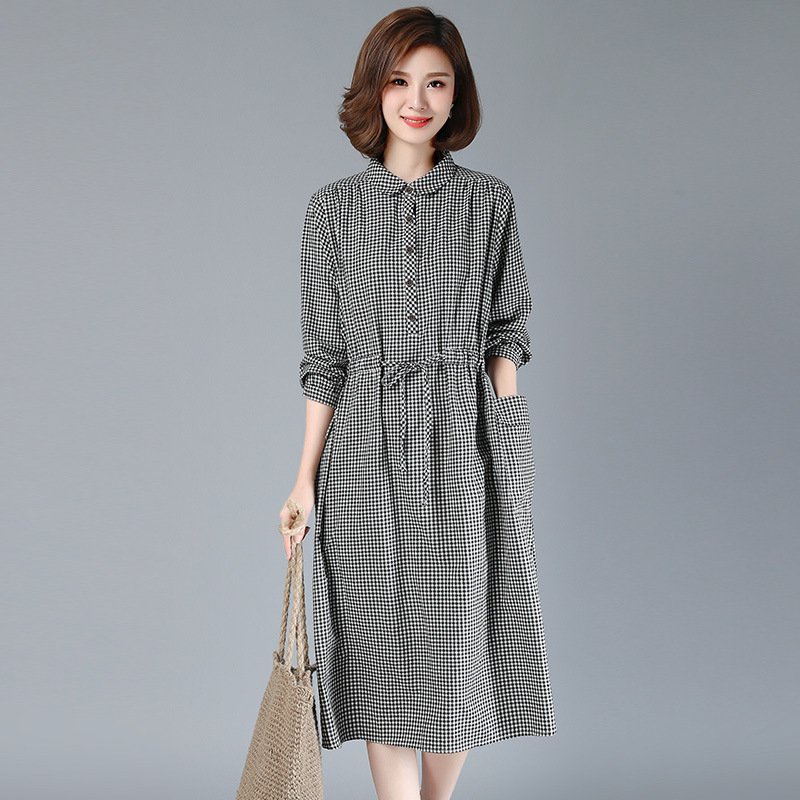 Đầm suông linen cổ sơ mi, thiết kế dây rút eo tôn dáng, thời trang thu đông mẫu mới CS187