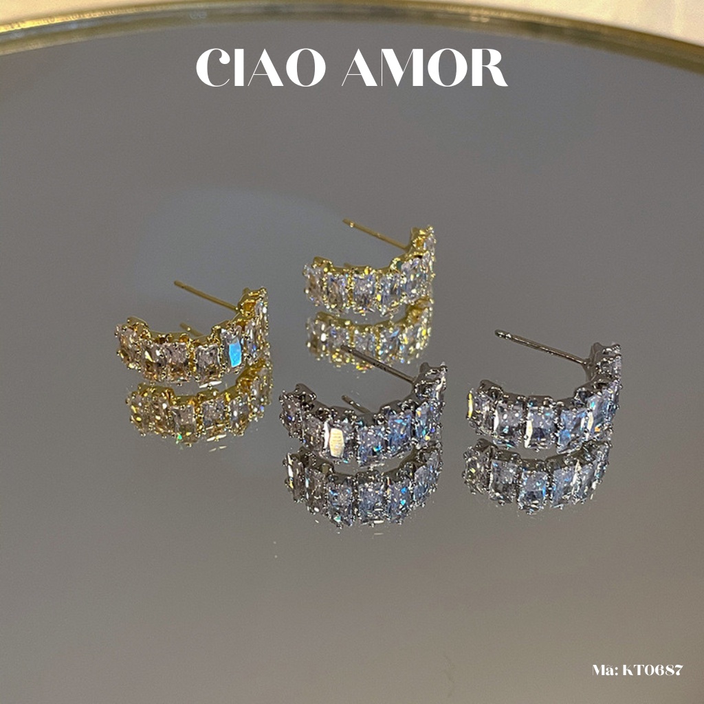 Khuyên tai nữ, Bông tai bạc 925 đá xếp dài lấp lánh nửa vòng Trang sức Ciao Amor - KT0687