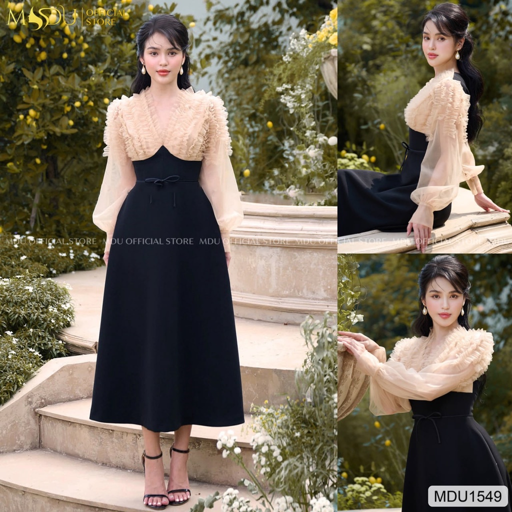 Đầm chất tơ phối Hàn cao cấp thiết kế 2 lớp mã MDU1549- MDU COLLECTION