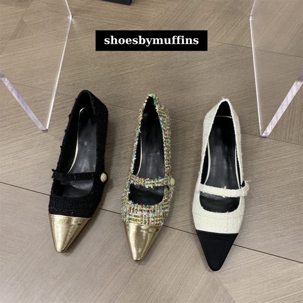 Giày búp bê mũi nhọn dạ tweed họa tiết phối màu phong cách tiểu thư sang chảnh