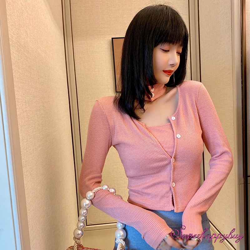 Áo Thun DàI Tay Cổ TròN ĐíNh NúT MàU SắC Đơn GiảN