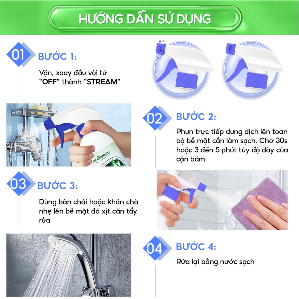 COMBO X3 Tẩy Cặn Canxi Dr Organica Osaro 500ML Vệ Sinh Canxi Bám Trên Vòi Hoa Sen, Vách Kính, Bồn Tắm
