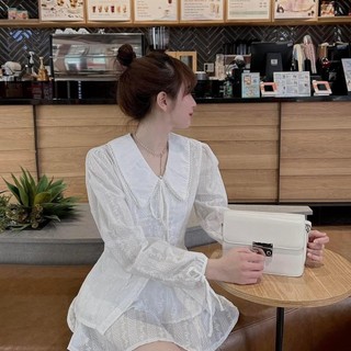Set áo trắng xô ren cổ nhọn thắt nơ cv tầng