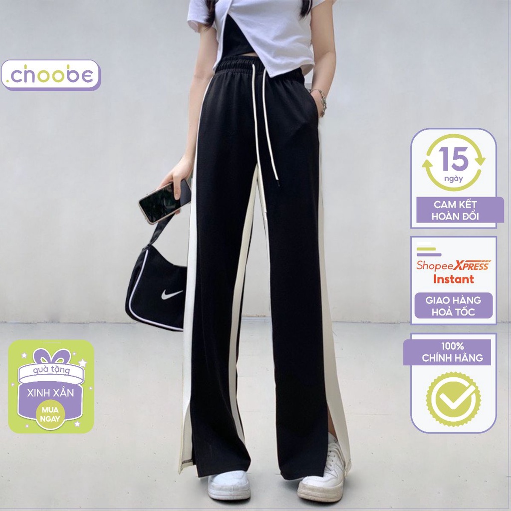 Quần ống rộng Choobe unisex dáng suông kiểu can sọc trắng xẻ gấu vải cao cấp không nhăn co giãn tốt Signature Q68