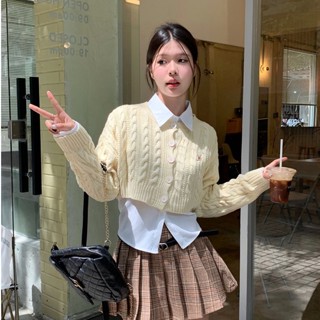 Set áo sơmi nữ và áo len cardigan croptop cài khuy dài tay phong cách Hàn Quốc
