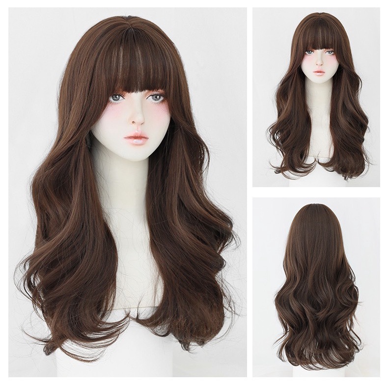 Tóc giả nguyên đầu xoăn sóng dài chất liệu sợi tơ cao cấp