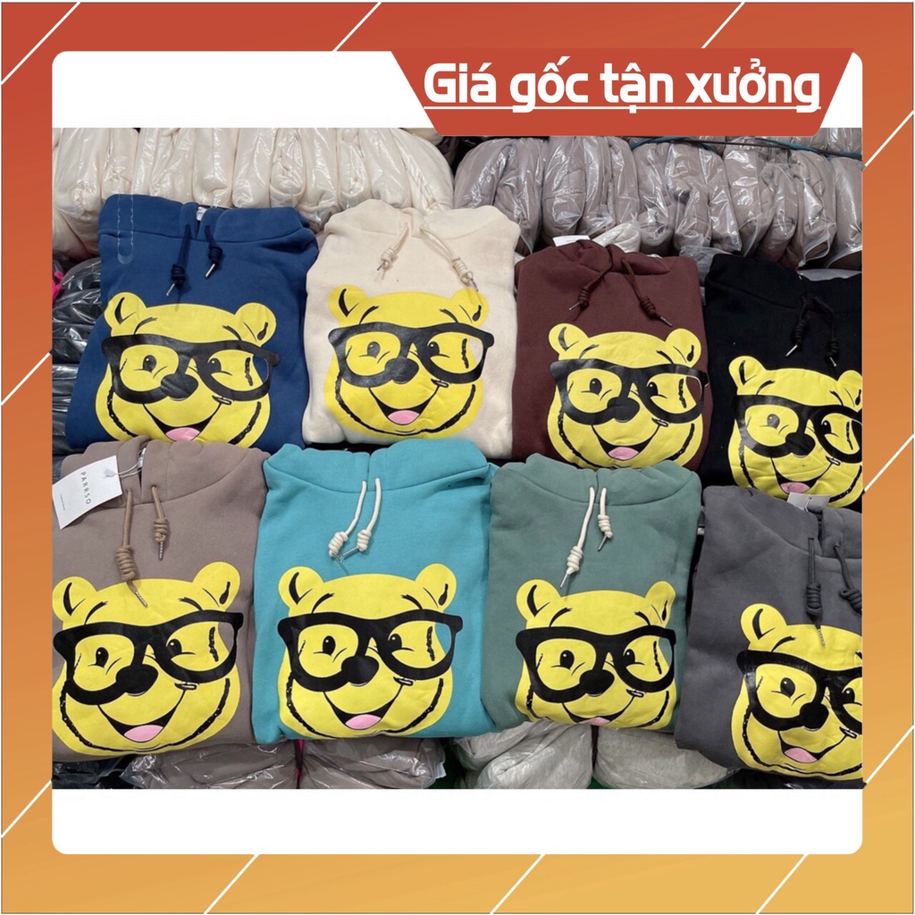 Áo hoodie basic hoa văn hình gấu vàng cute dáng rộng unisex vải nỉ cotton dày