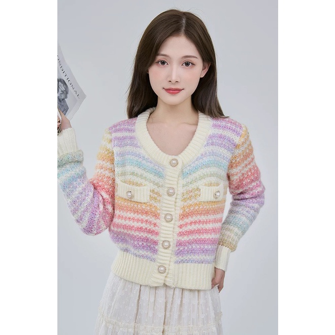 Áo Khoác Len Cầu Vồng Nút Ngọc LSEOUL K0339 Chất Dày Dặn Ngọt Ngào Nữ Tính