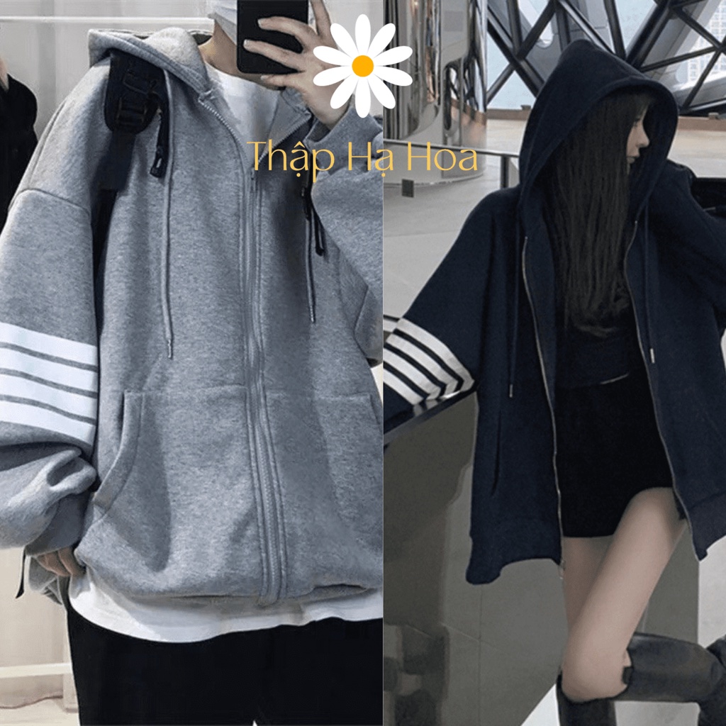 Áo hoodie form rộng unisex nam nữ khoá kéo, áo khoác nỉ form rộng unisex 4 sọc tay áo AS157