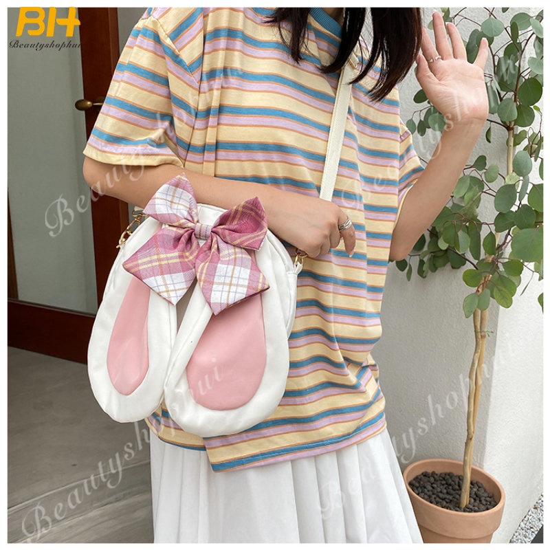Túi Đeo Chéo Vải Canvas Đính Nơ Tai Thỏ Dễ Thương Thời Trang Cho Bạn Gái
