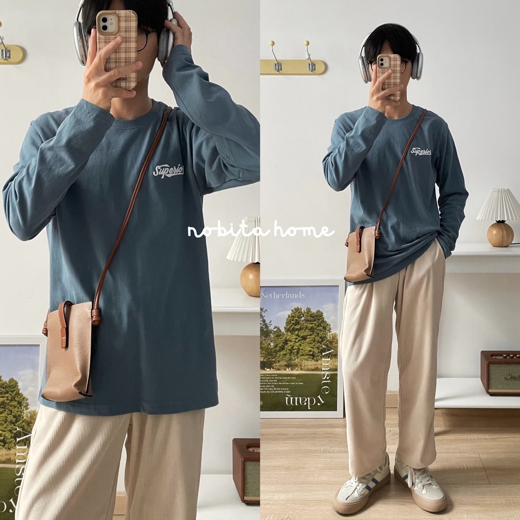 NOBITA HOME - Áo thun tay dài vải cotton mềm thoáng mát thêu SUPERIOR 7835