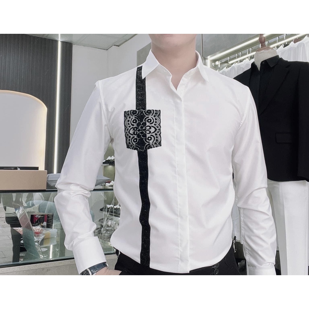 Áo sơ mi nam LUXURY trắng đen dải kim sa túi