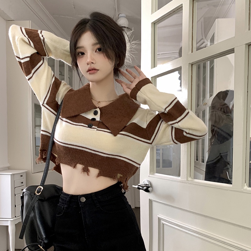 Áo len croptop nữ sweater dệt kim tay dài cổ bẻ dáng rộng họa tiết kẻ sọc thời trang vintage phong cách Hàn Quốc cá tính
