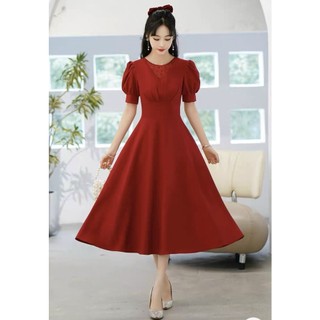đầm tết đầm dự tiệc màu đỏ phối lưới bi tay phồng