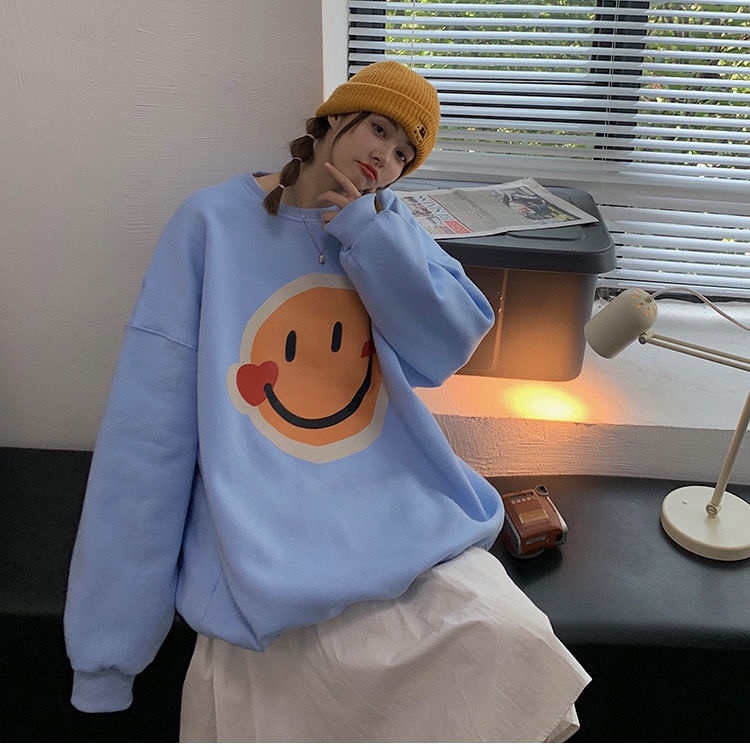 Áo Khoác Sweater Mỏng Dáng Rộng In Mặt Cười Hoạt Hình Kiểu Hàn Quốc Thời Trang Thu Đông 2023 Cho Các Cặp Đôi