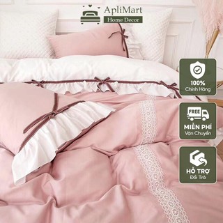 Bộ Chăn Ga Gối Cotton Lụa Nơ Phong Cách Công Chúa Hàn Quốc , Bánh Bèo Mộng Mơ Hàng Nhập Khẩu Full Set 4 Món