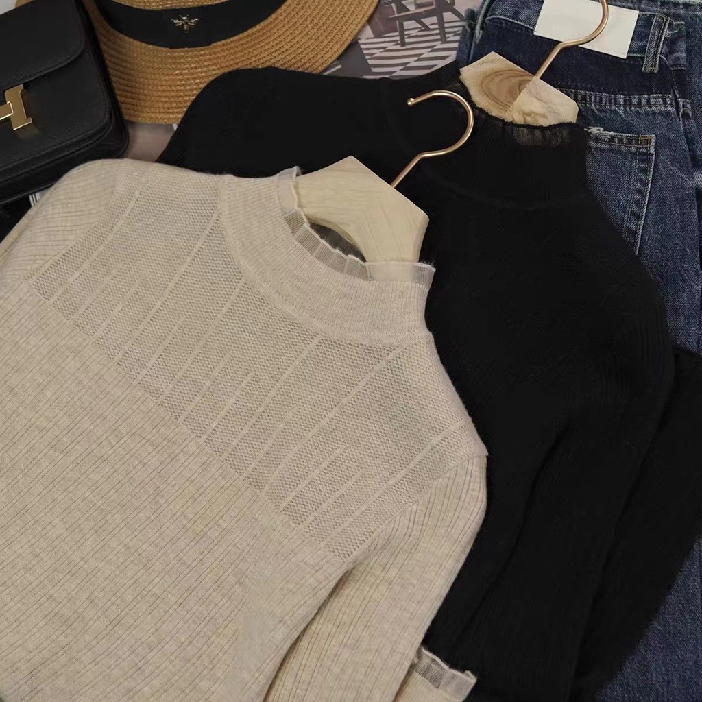 Slim lace stitching half-high collar bottoming long-sleeved shirt