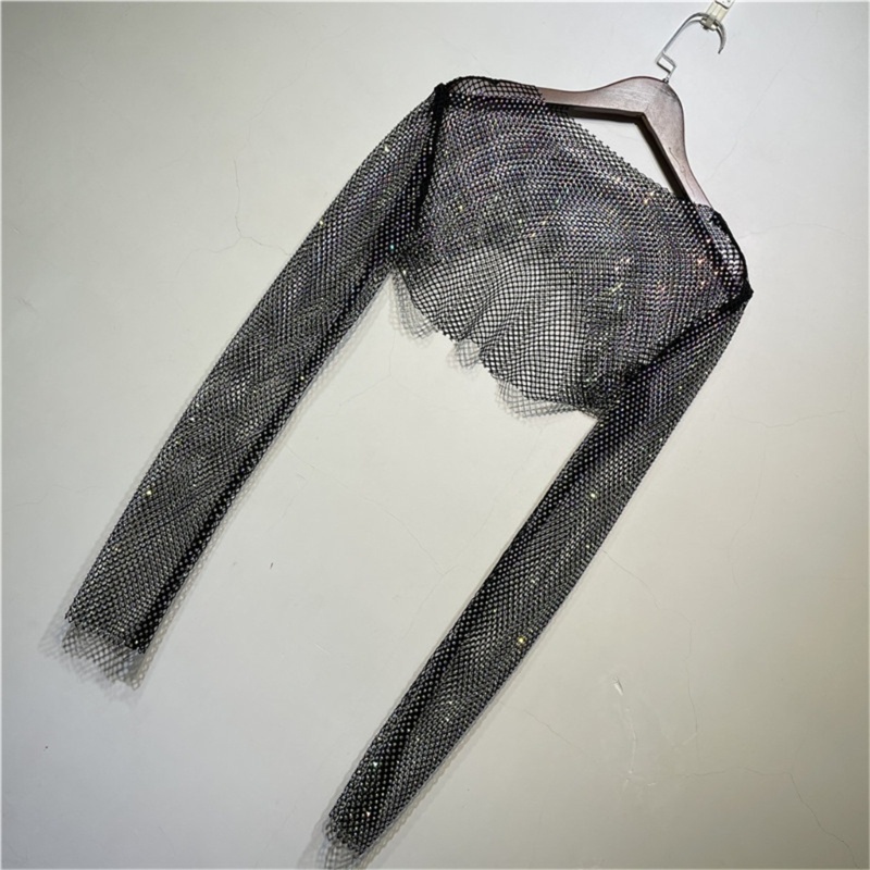 Áo Croptop Lưới Tay Dài Đính Đá Lấp Lánh Dành Cho Nữ