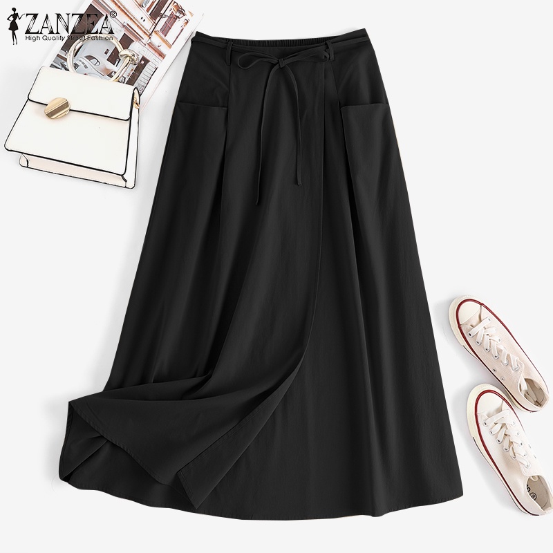 Chân váy chữ A ZANZEA lưng thun có túi màu trơn phong cách vintage cho nữ