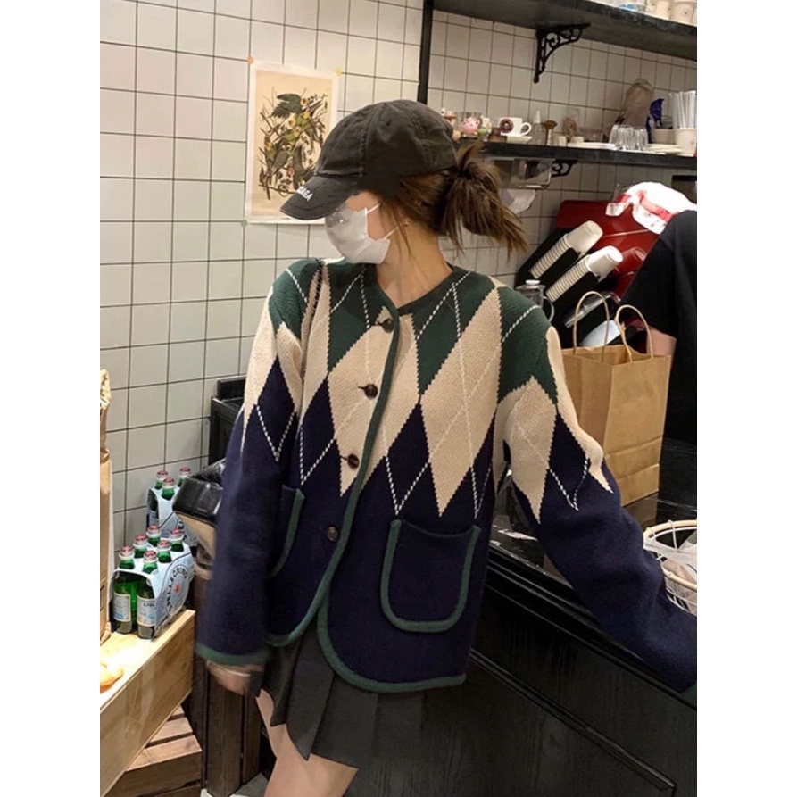 [Hàng Có Sẵn] Áo Khoác cardigan Dệt Kim Tay Dài Dáng Rộng Kẻ Sọc Kim Cương Hàn Quốc Cho Nữ