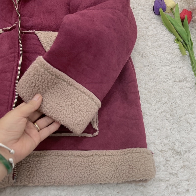 Ảnh thật/hàng sẵn/ áo khoác da lộn lót lông cừu siêu dày phom lửng dáng rộng free sz mẫu 2022