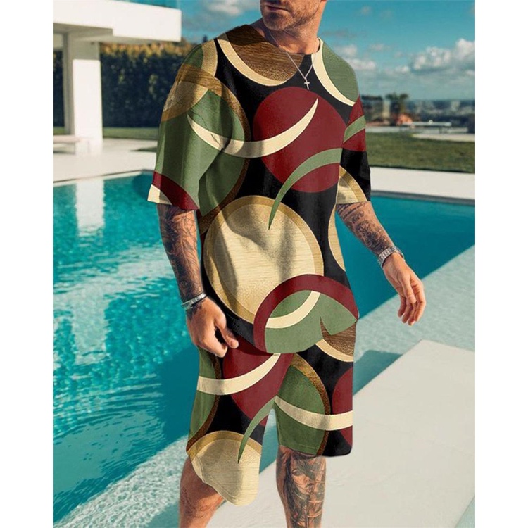 Bộ Áo Thun Đi Biển Mùa Hè Hai Mảnh In Họa Tiết Sọc 3D Thoáng Khí Thoải Mái Hợp Thời Trang Cho Nam