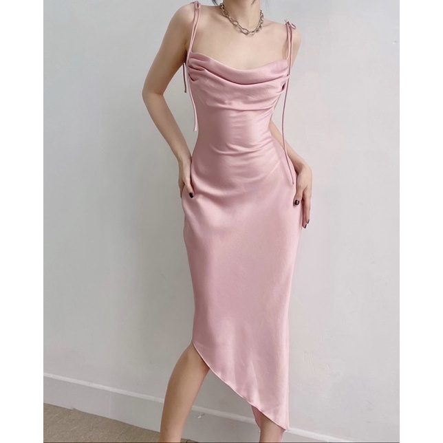 Váy lụa ngực đổ rút dây bên hông màu hồng pastel tôn dáng