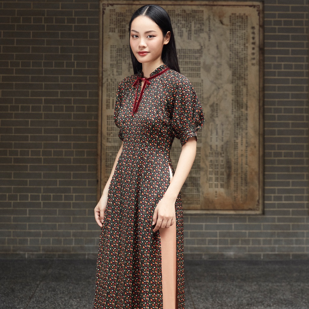 Áo dài Maybi hoạ tiết nền đen phối nơ cổ