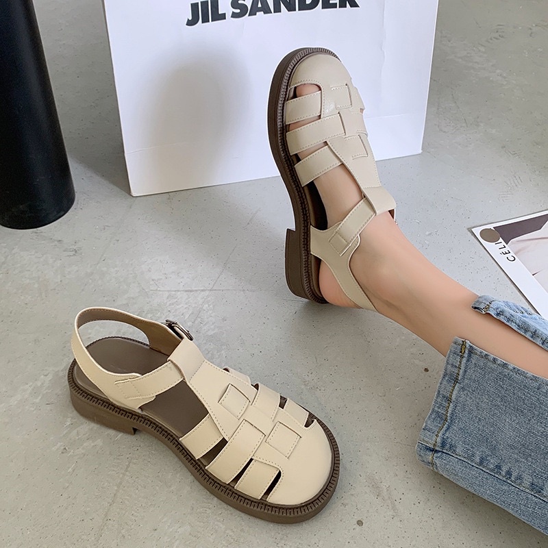 Giày Sandal xăng đan nữ Quai Chữ T quai rọ Thiết Kế Đơn Giản Phong Cách Roman