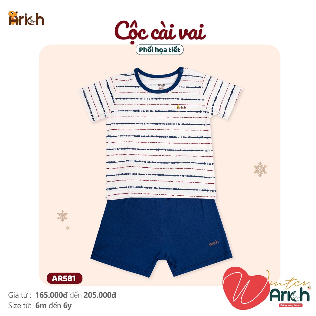 Bộ quần áo cộc tay cài vai phối họa tiết Arich cho bé trai và bé gái từ 6m-18m