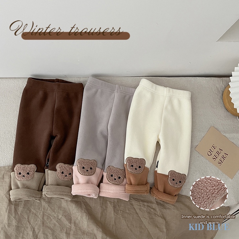 Quần Legging Bằng Lông Cừu Ấm Áp Phối Màu Tương Phản Họa Tiết Gấu Hoạt Hình Dễ Thương Cho