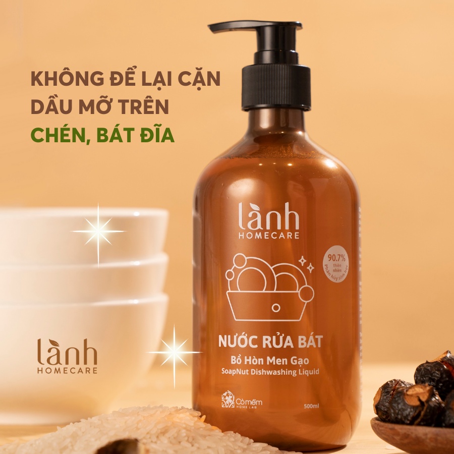 Nước Rửa Chén Bát Thiên Nhiên Lành Homecare Chiết xuất Từ Bồ Hòn Men Gạo An Toàn Cỏ Mềm 500ml