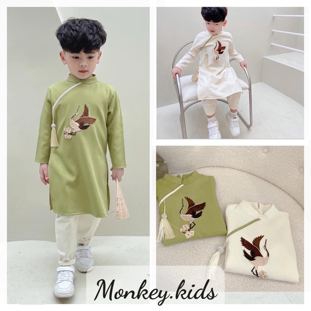 Áo dài bé trai hoàng hạc áo dài cách tân trẻ em chất liệu nhung cheo thêu hạc đủ size 2-9