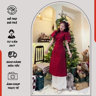 Sét áo gấm dài tay hồng mix quần lụa, Sét bộ cách tân họ tiết gân nổi - 1352