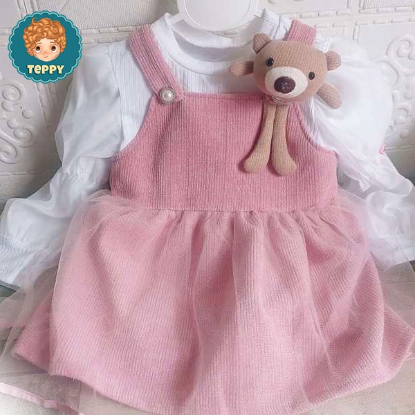 Đầm, váy nhung nhũ hồng kèm gấu, kèm áo